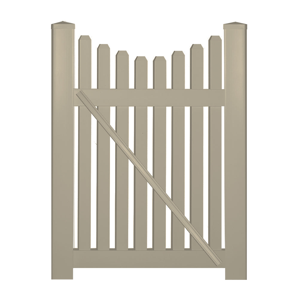 Khaki Richmond vinyl picket fencing gate stock image