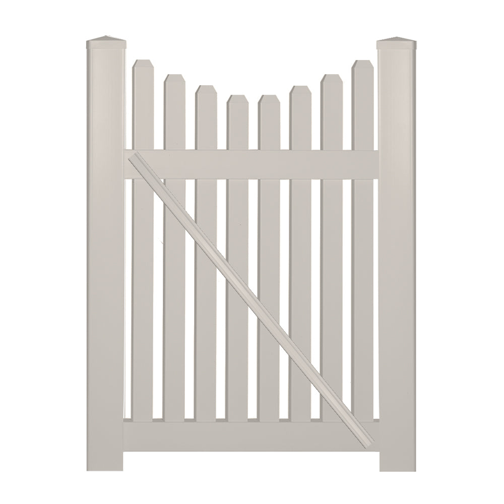 Tan Richmond vinyl picket fencing gate stock image