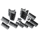 Set of black metal brackets and screws on a white background