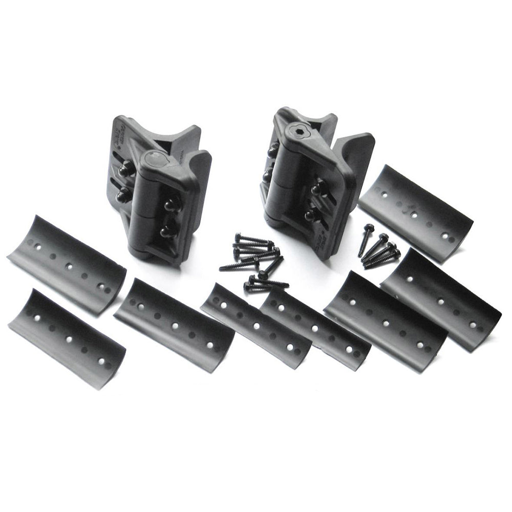 Set of black metal brackets and screws on a white background