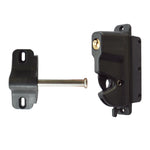 Black metal latch mechanism on a white background