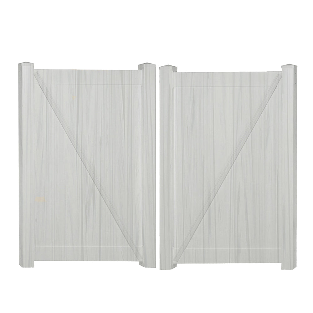 Coastal Grey Weathergrain Savannah vinyl privacy fencing double gate stock image