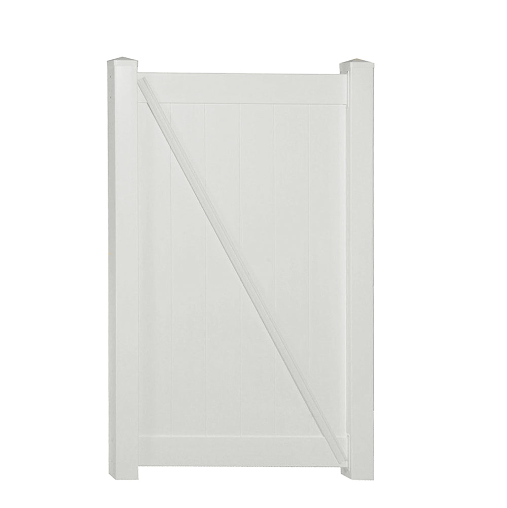 White Savannah vinyl privacy fencing gate stock image