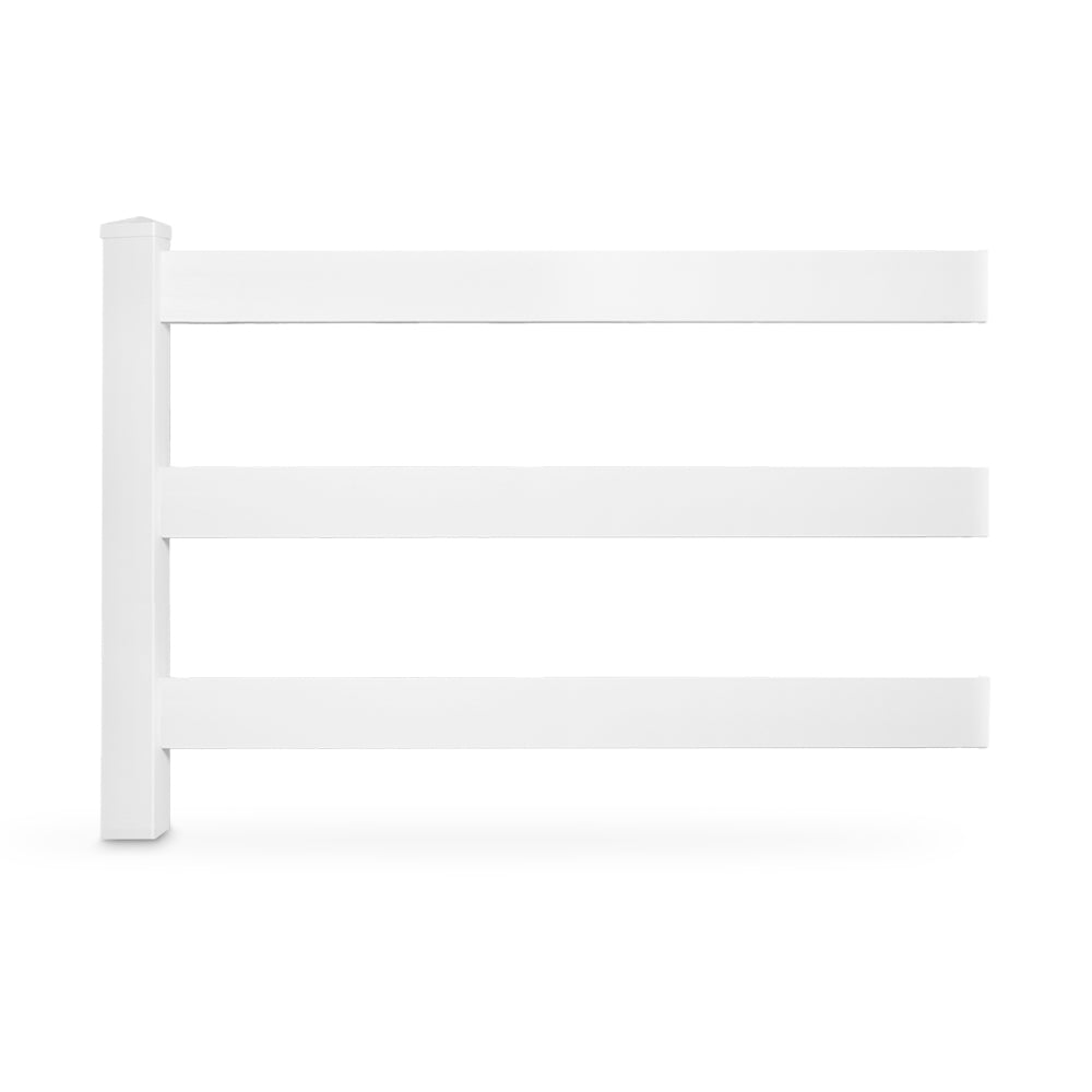 white vinyl 3-rail horse fence stock image