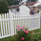 Two men standing behind a Weatherables Hampshire white vinyl picket fence with a small house in the background.