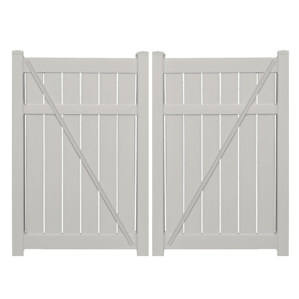 Tan Glendale vinyl semi-privacy fencing double gate stock image