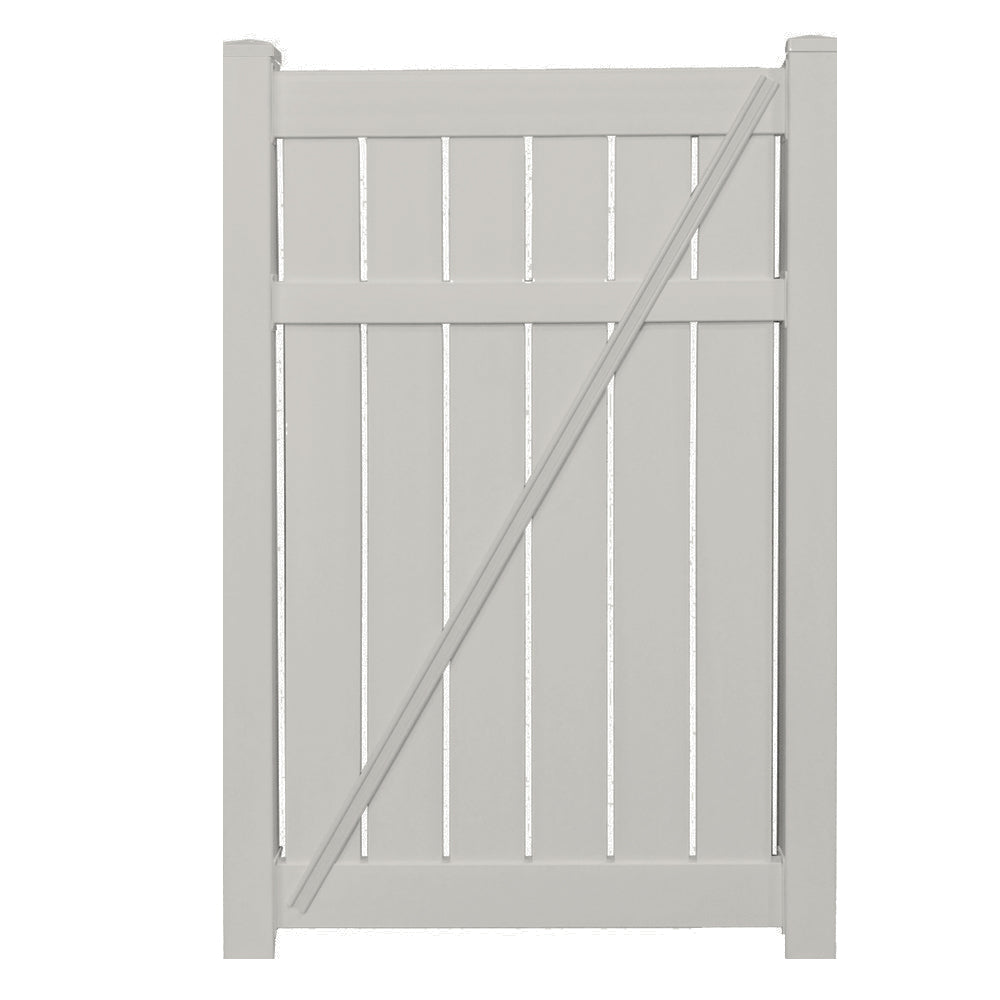 Tan Glendale vinyl semi-privacy fencing gate stock image
