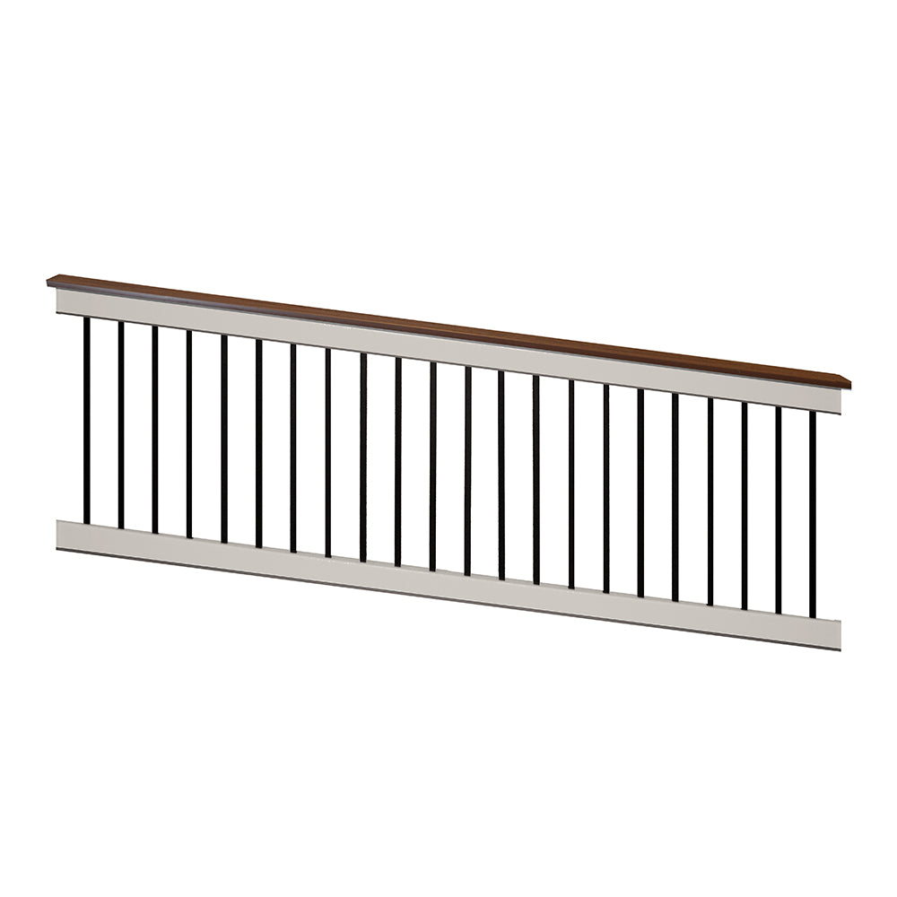 Lancaster tan vinyl deck board stair railing stock image