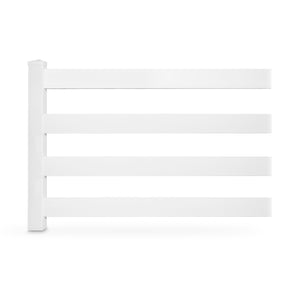 white vinyl 4-rail horse fence stock image