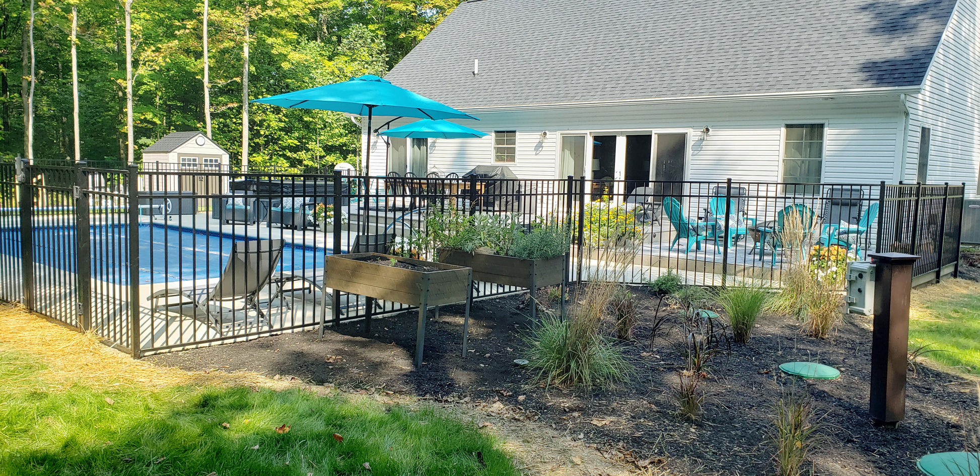 Backyard with pool, Weatherables Pacific black aluminum fencing, patio furniture, and a house in the background