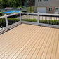 Wooden deck with Weatherables Bolton white vinyl deck railing overlooking a pool and house
