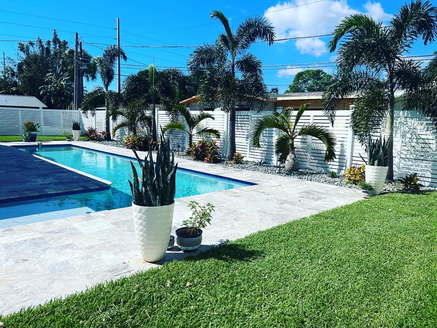 Pool area with potted plants, grass, and a clear blue sky.