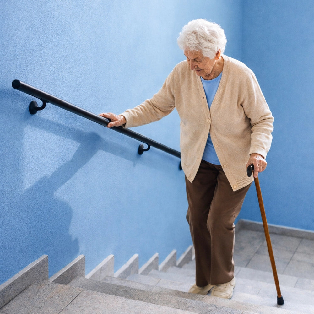 Senior woman using a cane and handrail to climb stairs against a blue wall.