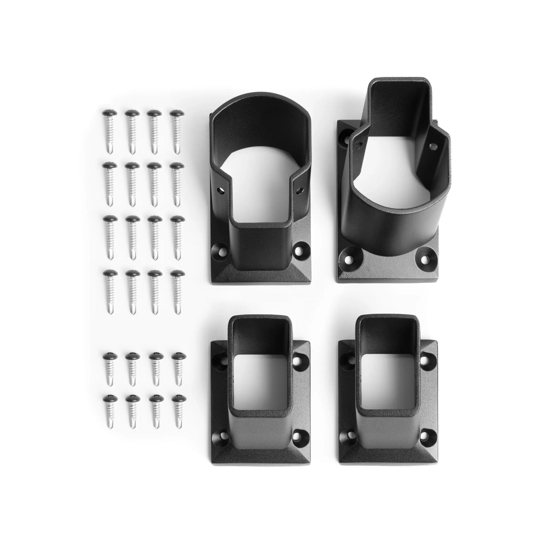 Stock image of the full Black stair bracket kit, with t-rail and 2x3.5inch railing brackets