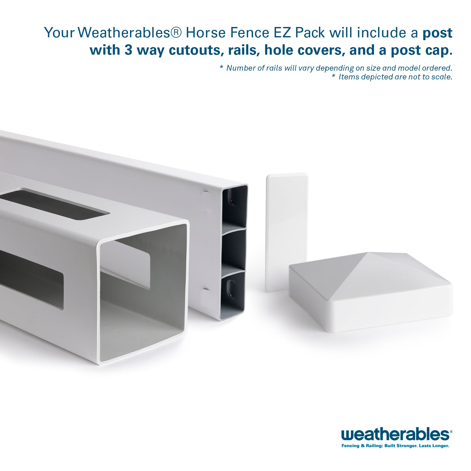 Your Weatherables Horse Fence EZ Pack will include a post with 3 way cutouts, rails, hole covers, and a post cap. 