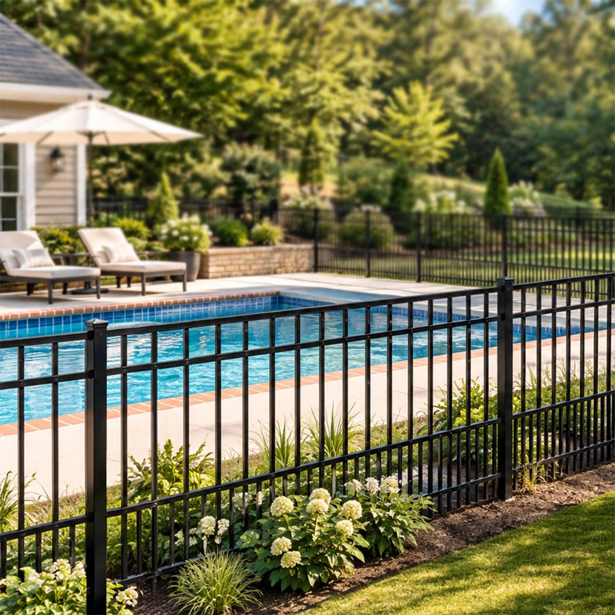 Terrier Aluminum puppy picket fencing around a pool. 