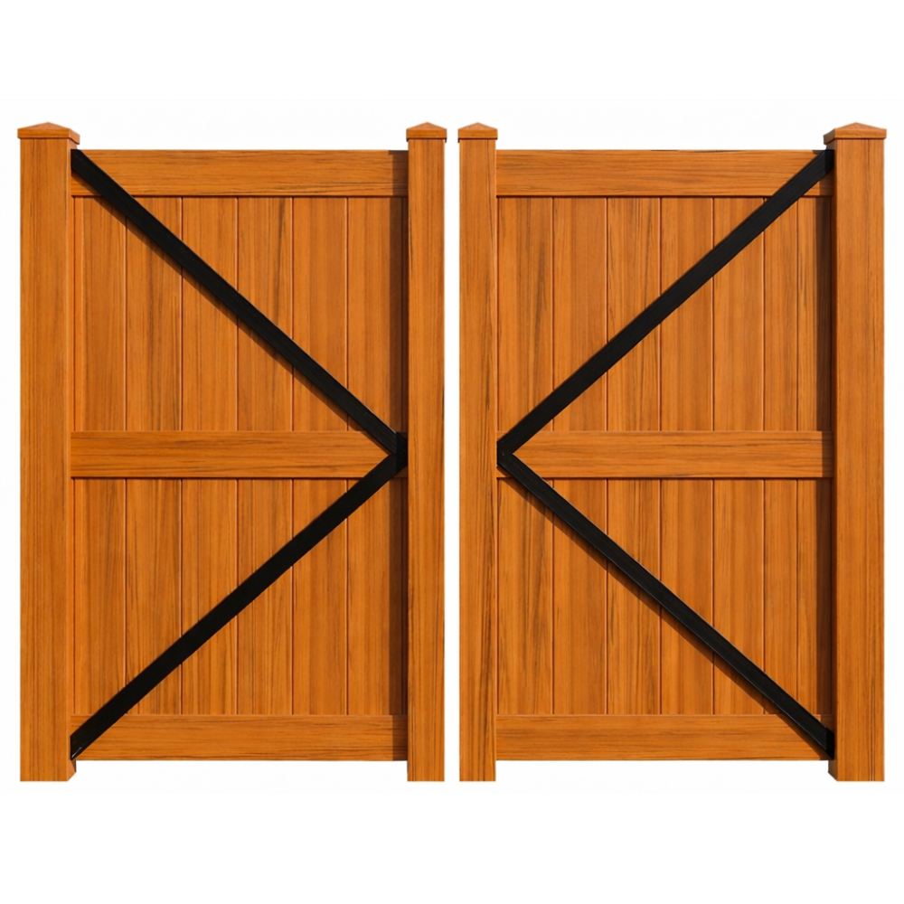 Weatherables Augusta cedar woodgrain vinyl privacy fencing double gate stock image