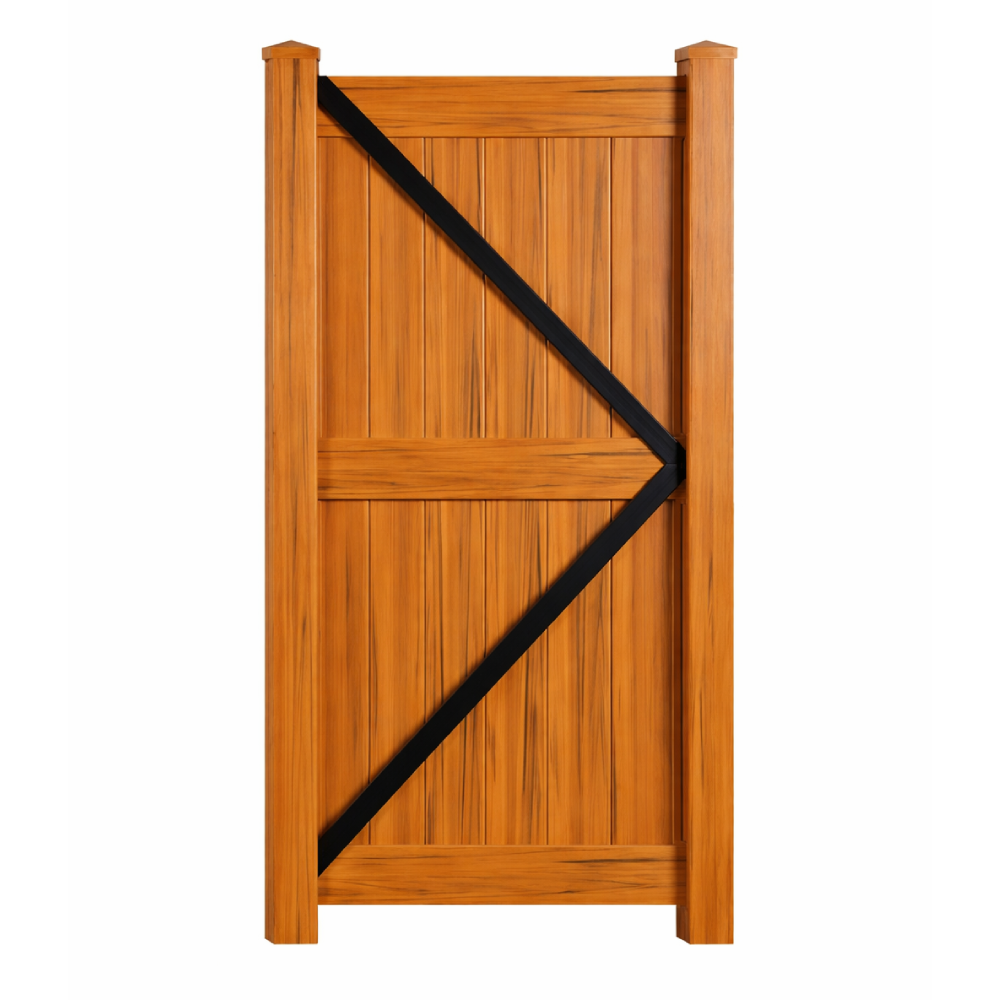Weatherables Augusta cedar woodgrain vinyl privacy fencing gate stock image