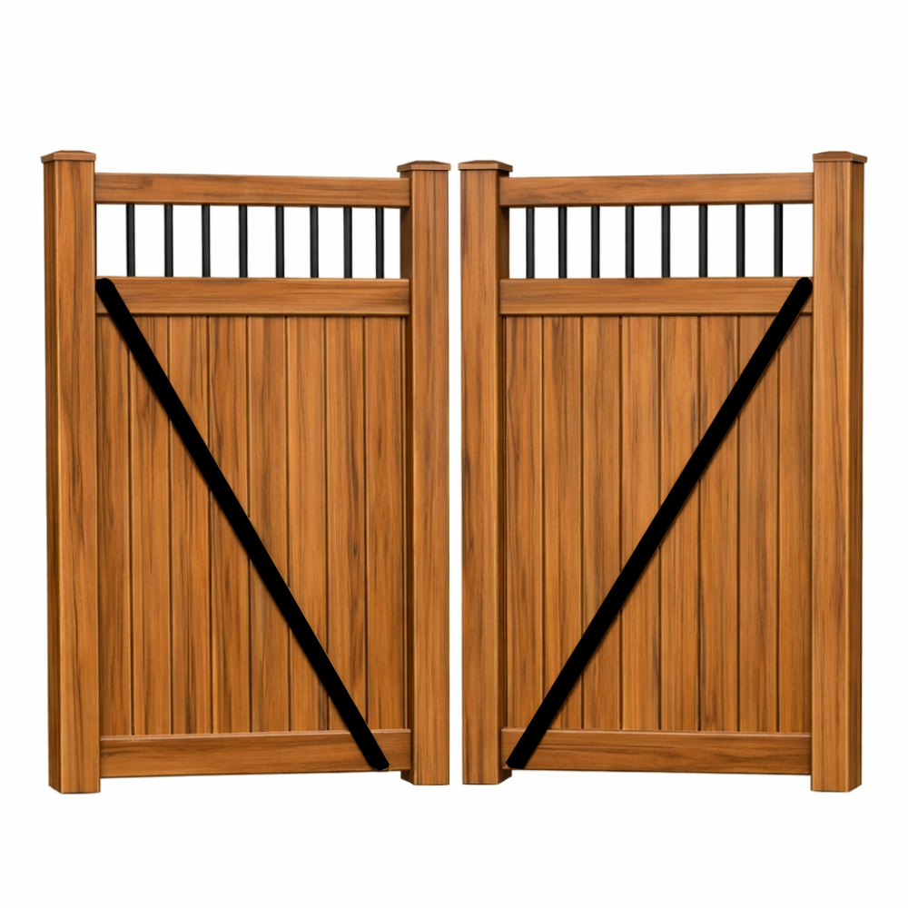 Weatherables Bradford cedar woodgrain vinyl privacy fencing double gate stock image