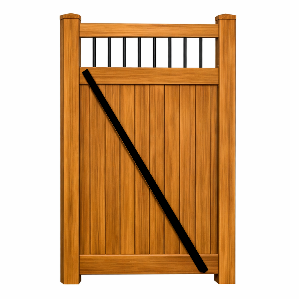 Weatherables Bradford cedar woodgrain vinyl privacy fencing gate stock image