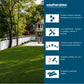 A promotional graphic for Weatherables fencing and rolling, showing a green backyard with a white fence on the left and a dark blue information panel on the right with text and icons about weather-resistant materials, low maintenance, premium quality, available colors, and heights.