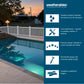 A promotional graphic for Weatherables fencing and railing, featuring a nighttime poolside scene on the left and a dark blue information panel on the right with icons and text about weather-resistant materials, low maintenance, premium quality, DIY-friendly design, and available heights.