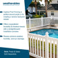 Promotional graphic for Weatherables Captiva Pool Fencing, showing a white picket fence around a blue swimming pool in a residential backyard setting with palm trees and house exterior visible. Text on the left highlights benefits such as perfect use around pools, durability, and resistance to extreme weather.