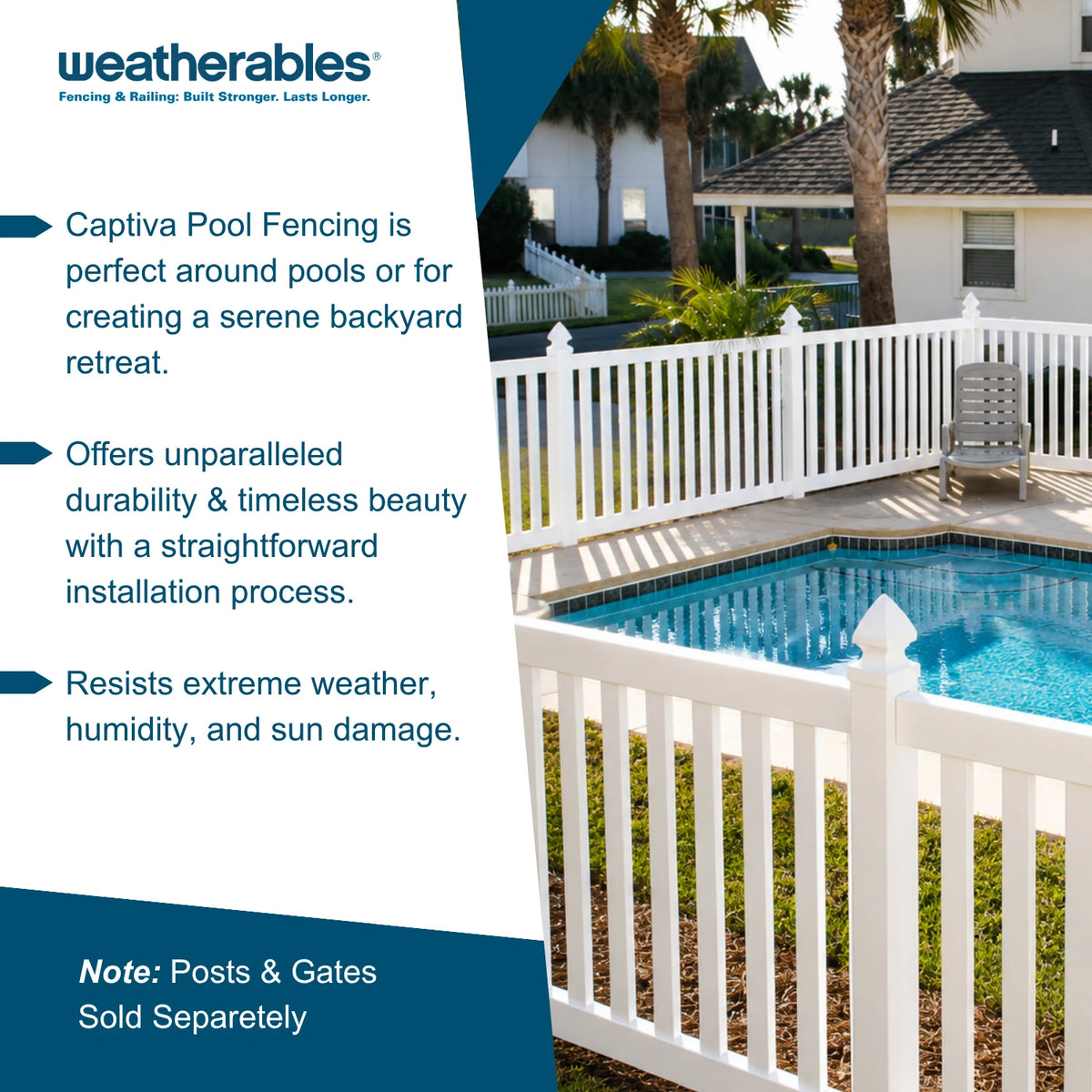 Promotional graphic for Weatherables Captiva Pool Fencing, showing a white picket fence around a blue swimming pool in a residential backyard setting with palm trees and house exterior visible. Text on the left highlights benefits such as perfect use around pools, durability, and resistance to extreme weather.
