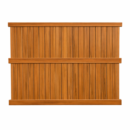 Cedar woodgrain Augusta vinyl privacy fence panel stock image