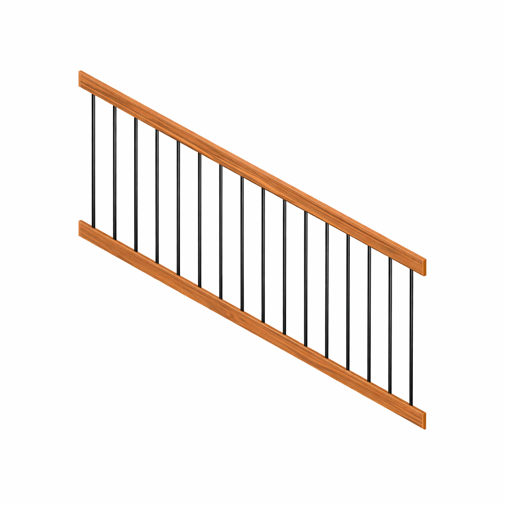 Cedar woodgrain Bedford vinyl stair railing panel stock image