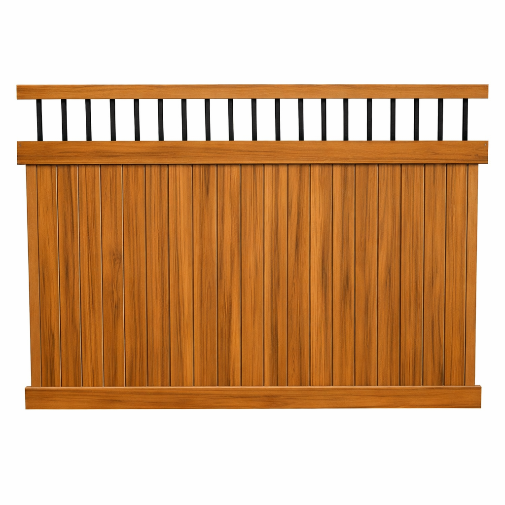 Cedar woodgrain Bradford vinyl privacy fence panel stock image