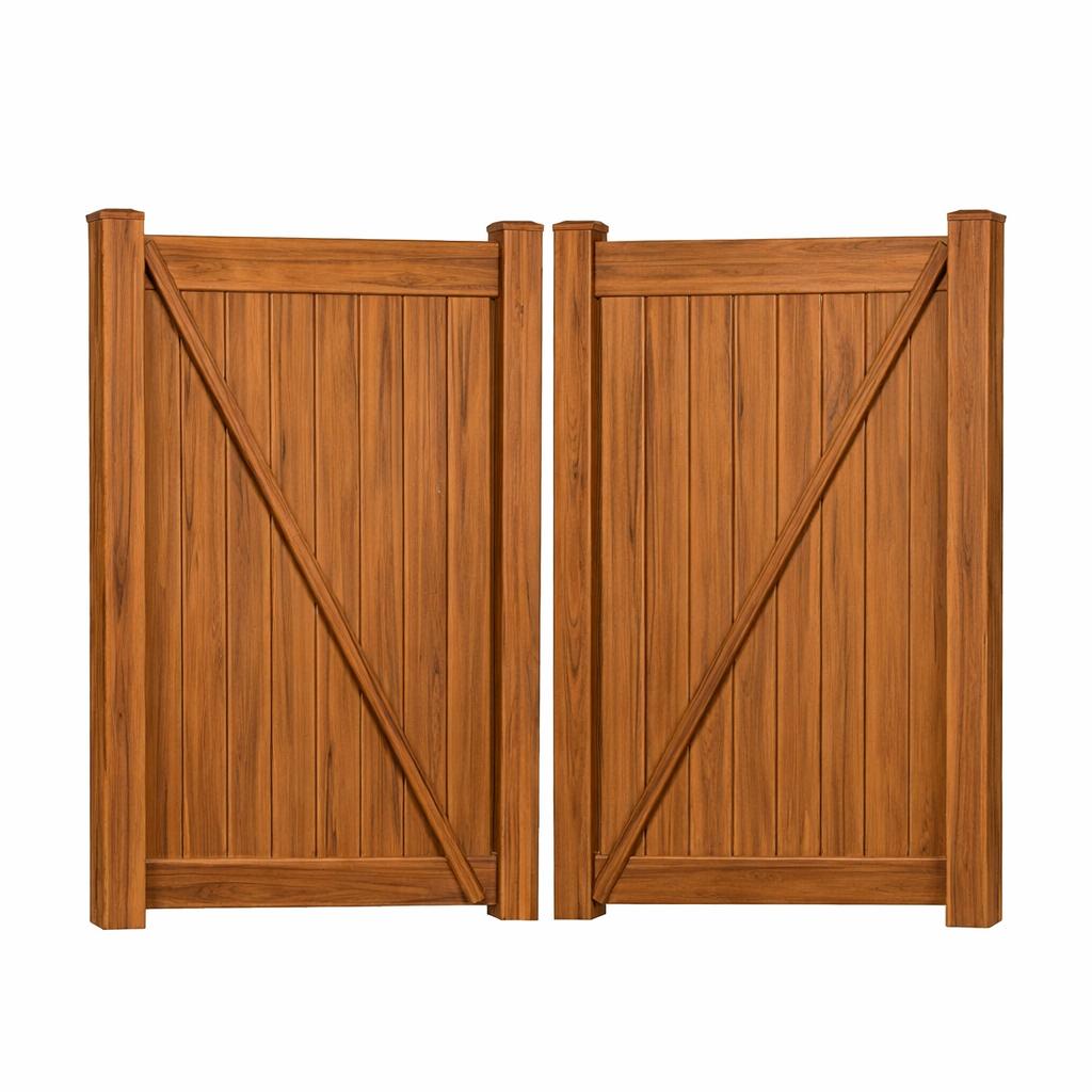 Cedar woodgrain Savannah vinyl privacy fence double gate stock image
