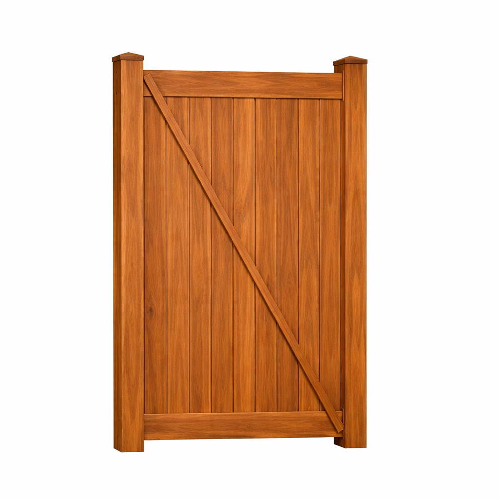 Cedar woodgrain Savannah vinyl privacy fence gate stock image