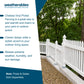 Promotional graphic for Chelsea Vinyl Picket Fencing by Weatherables, showing a white picket fence installed along a concrete border with gravel and green trees in the background. Text on the left highlights benefits such as adding warmth and charm, classic design, and resistance to extreme weather.