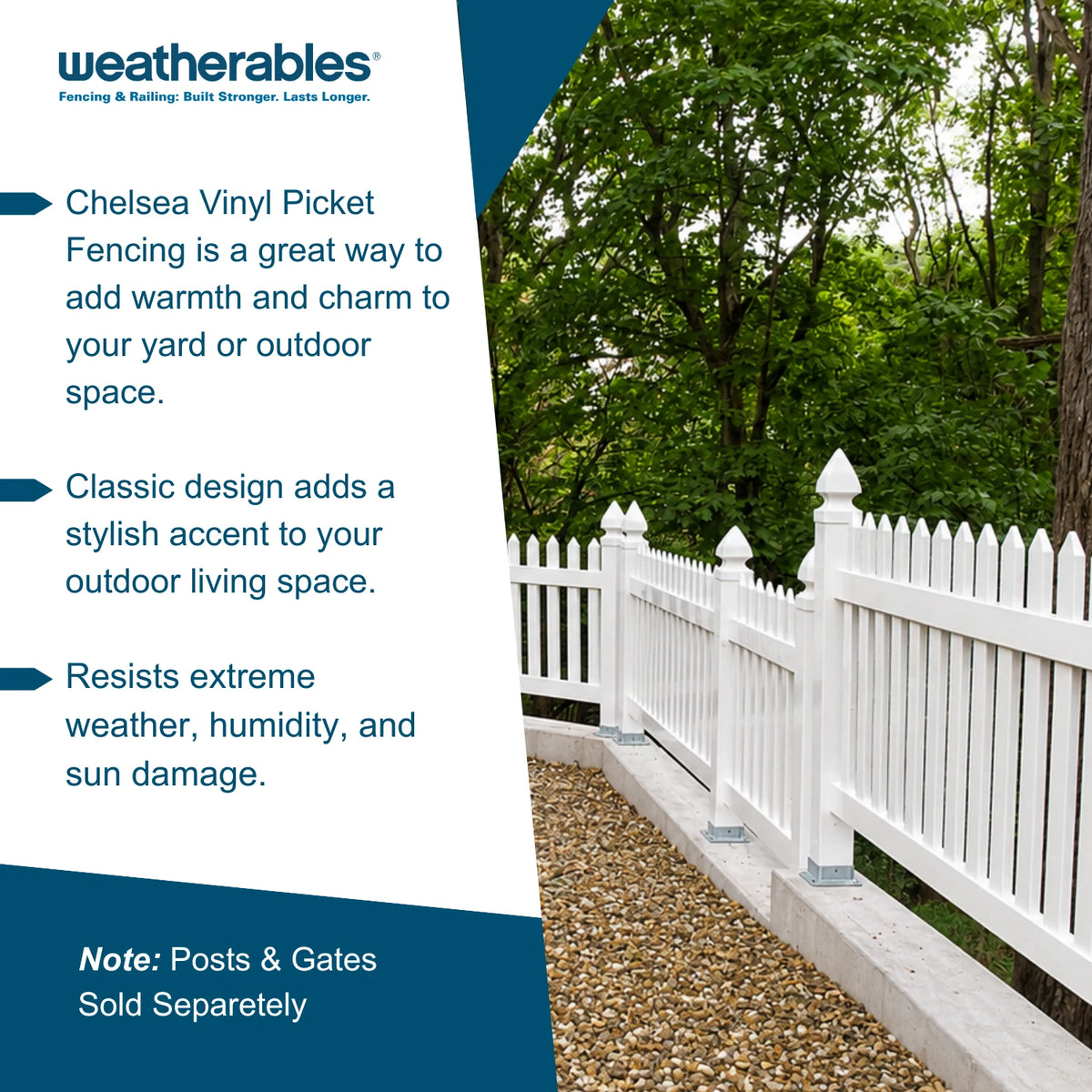 Promotional graphic for Chelsea Vinyl Picket Fencing by Weatherables, showing a white picket fence installed along a concrete border with gravel and green trees in the background. Text on the left highlights benefits such as adding warmth and charm, classic design, and resistance to extreme weather.