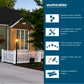 Promotional graphic for Weatherables fencing and rolling, showing a house exterior with a white picket fence on the left and a dark blue information panel on the right with text about weather-resistant materials, low maintenance, premium quality, available colors, and heights.