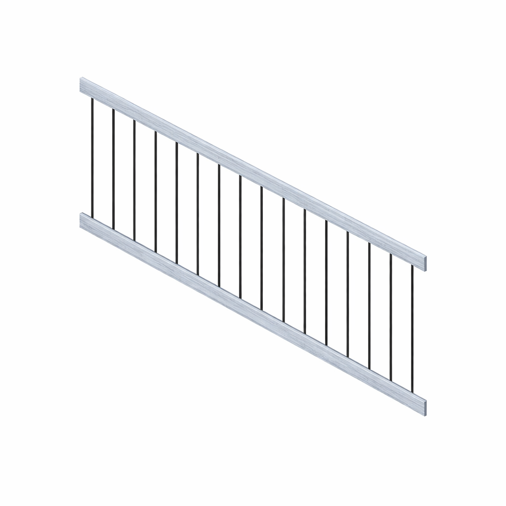 Coastal Grey woodgrain Bedford vinyl stair railing panel stock image