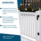White vinyl pool fencing with a gate and black hardware shown outdoors on a snowy deck, alongside promotional text from Weatherables.