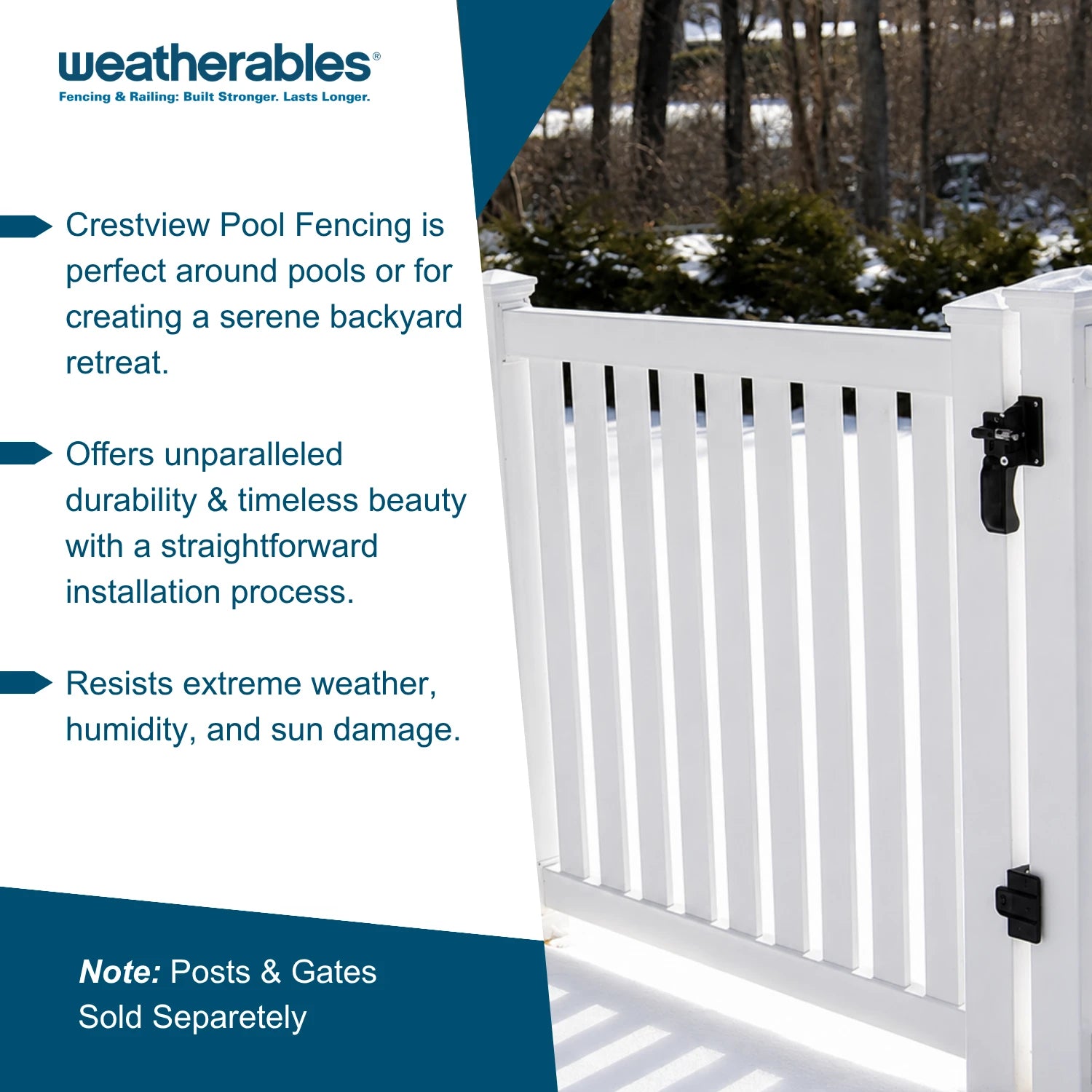 White vinyl pool fencing with a gate and black hardware shown outdoors on a snowy deck, alongside promotional text from Weatherables.
