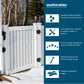 White Weatherables vinyl fencing and gate shown outdoors in snow, with a dark blue informational panel on the right listing product benefits with icons.