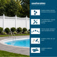 A promotional graphic for Weatherables fencing and rolling, showing a poolside backyard scene on the left and a dark blue information panel on the right with icons and text about weather-resistant materials, low maintenance, premium quality, color options, and heights.