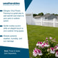 Promotional graphic for Weatherables Ellington Vinyl Picket Fencing, showing a white picket fence in a green backyard with flowers in the foreground and text callouts on the left.
