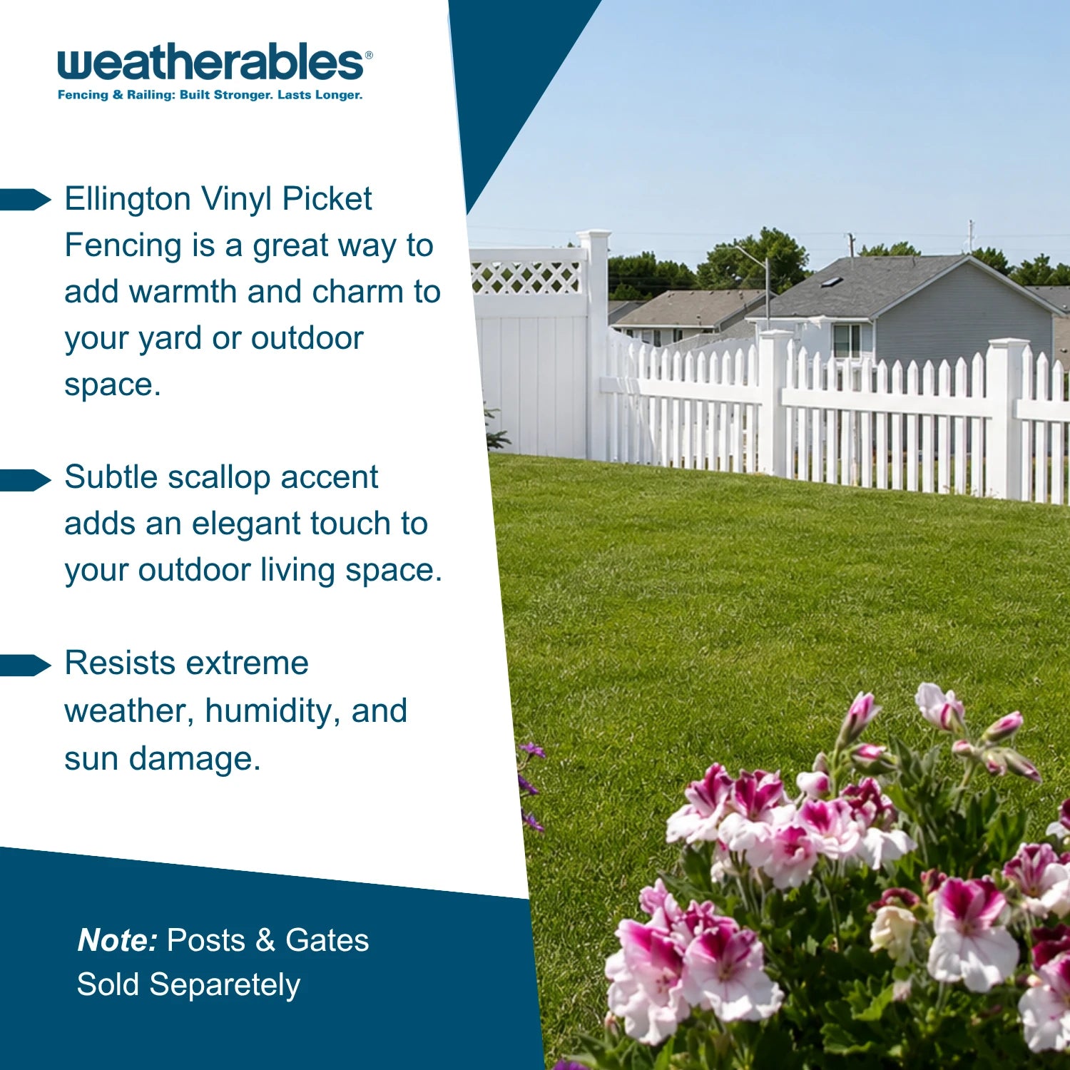 Promotional graphic for Weatherables Ellington Vinyl Picket Fencing, showing a white picket fence in a green backyard with flowers in the foreground and text callouts on the left.