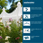 A promotional graphic for Weatherables fencing and rolling, showing a white picket fence in a garden on the left and a dark blue information panel on the right with icons and text about weather-resistant materials, low maintenance, premium quality, available colors, and heights.