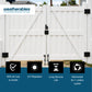 White double-gate fence with black weather-resistant hinges and lock, shown outdoors with a Weatherables logo and feature icons at the bottom.