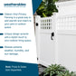 Promotional graphic for Weatherables Gideon Vinyl Privacy Fencing, showing a white vinyl gate with black hardware in a backyard setting, alongside marketing text on a blue and white background.