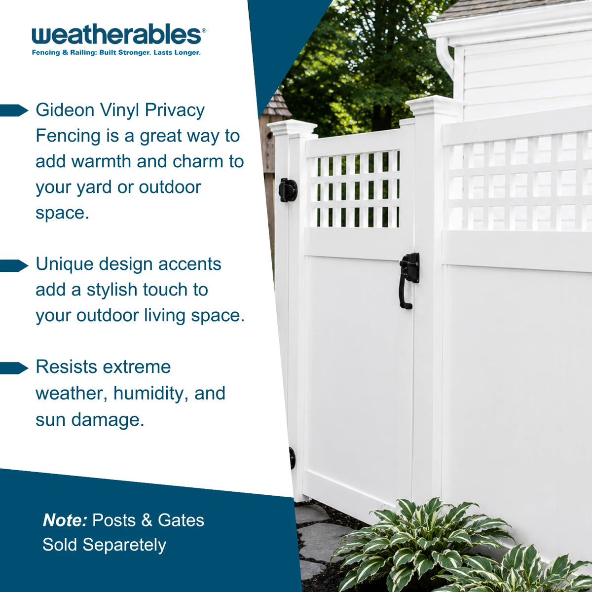 Promotional graphic for Weatherables Gideon Vinyl Privacy Fencing, showing a white vinyl gate with black hardware in a backyard setting, alongside marketing text on a blue and white background.