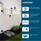 A white vinyl fence and gate shown installed in a backyard corner, with a dark blue informational sidebar on the right featuring the Weatherables logo and feature callouts for weather-resistant materials, low maintenance, premium quality, color options, and available heights.