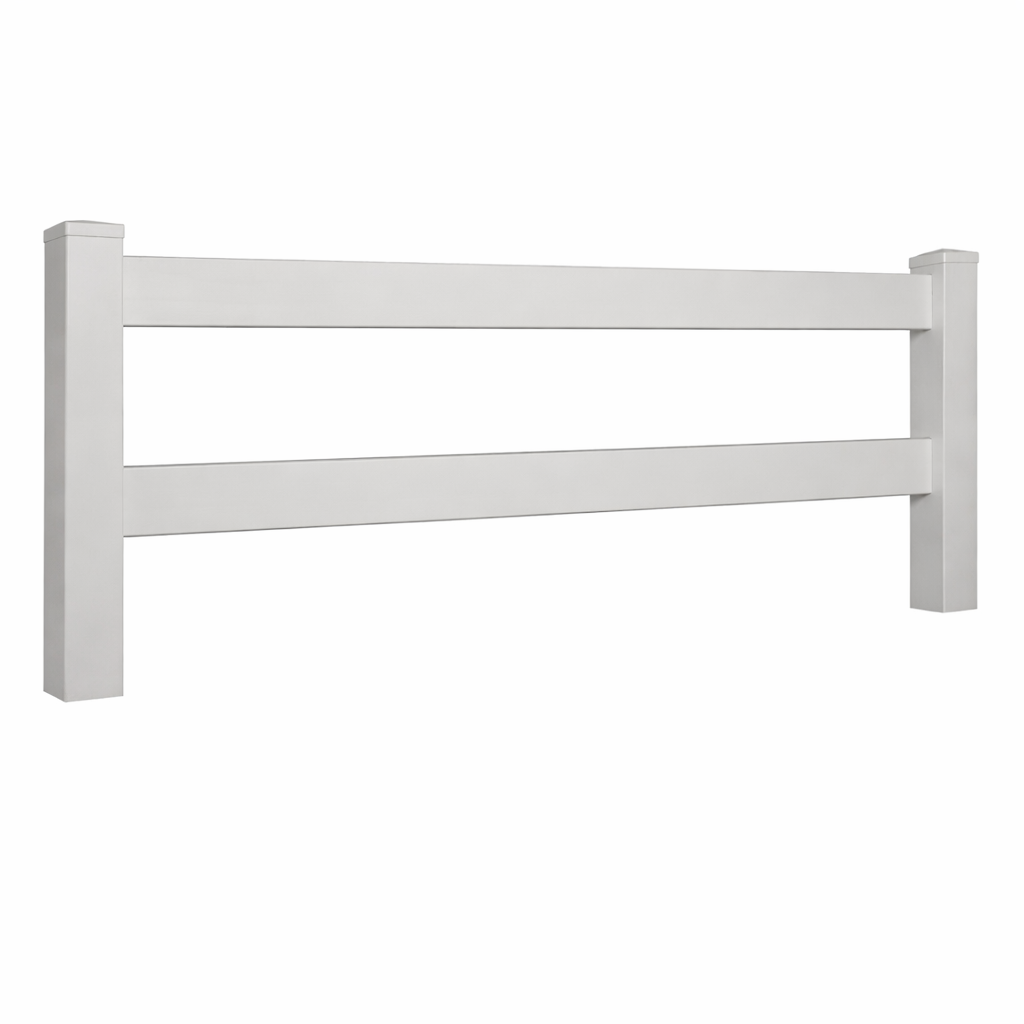 Grey 2-rail vinyl horse fencing stock image