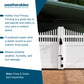 White vinyl privacy gate with black hardware shown in a real outdoor setting beside a green structure, with promotional text on the left from weatherables.